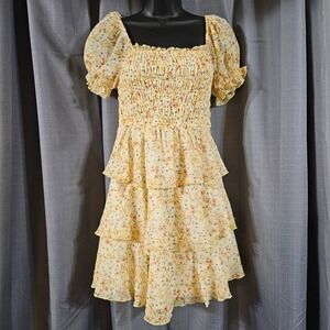Thirty/Thirty LA Yellow Floral Smocked Tiered Clip Dot Mini Dress Size Small